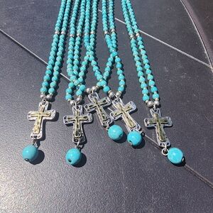 Bundle lot fashion costume jewelry 5 necklaces w cross pendant turquoise color